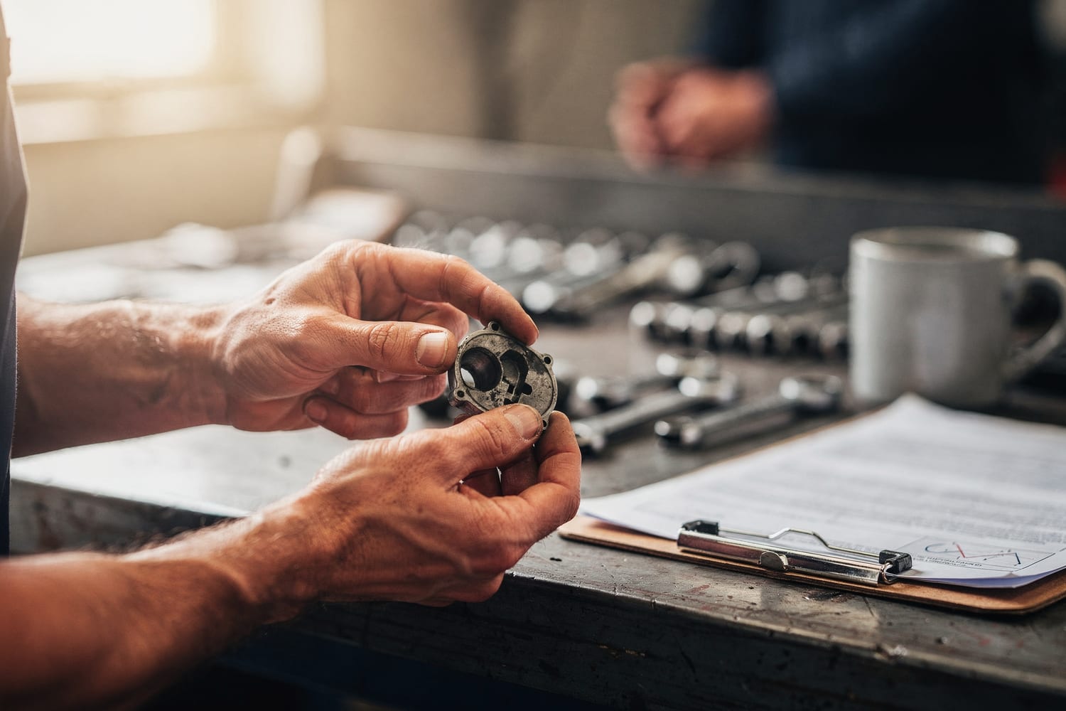 A mechanic explaining a worn part across the workbench