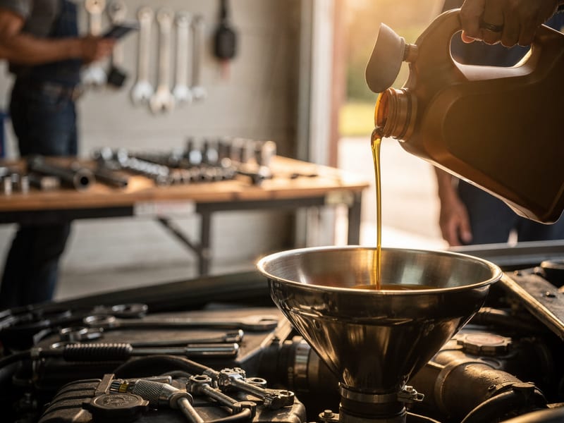 Fresh oil poured during a routine service at Kingston Auto Repair