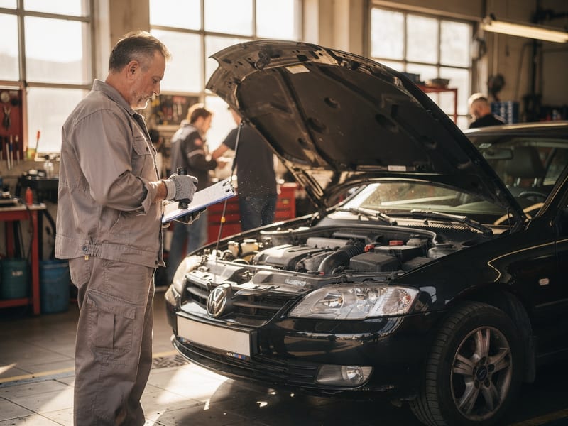 A mechanic inspecting an engine with a clipboard in a sunlit bay